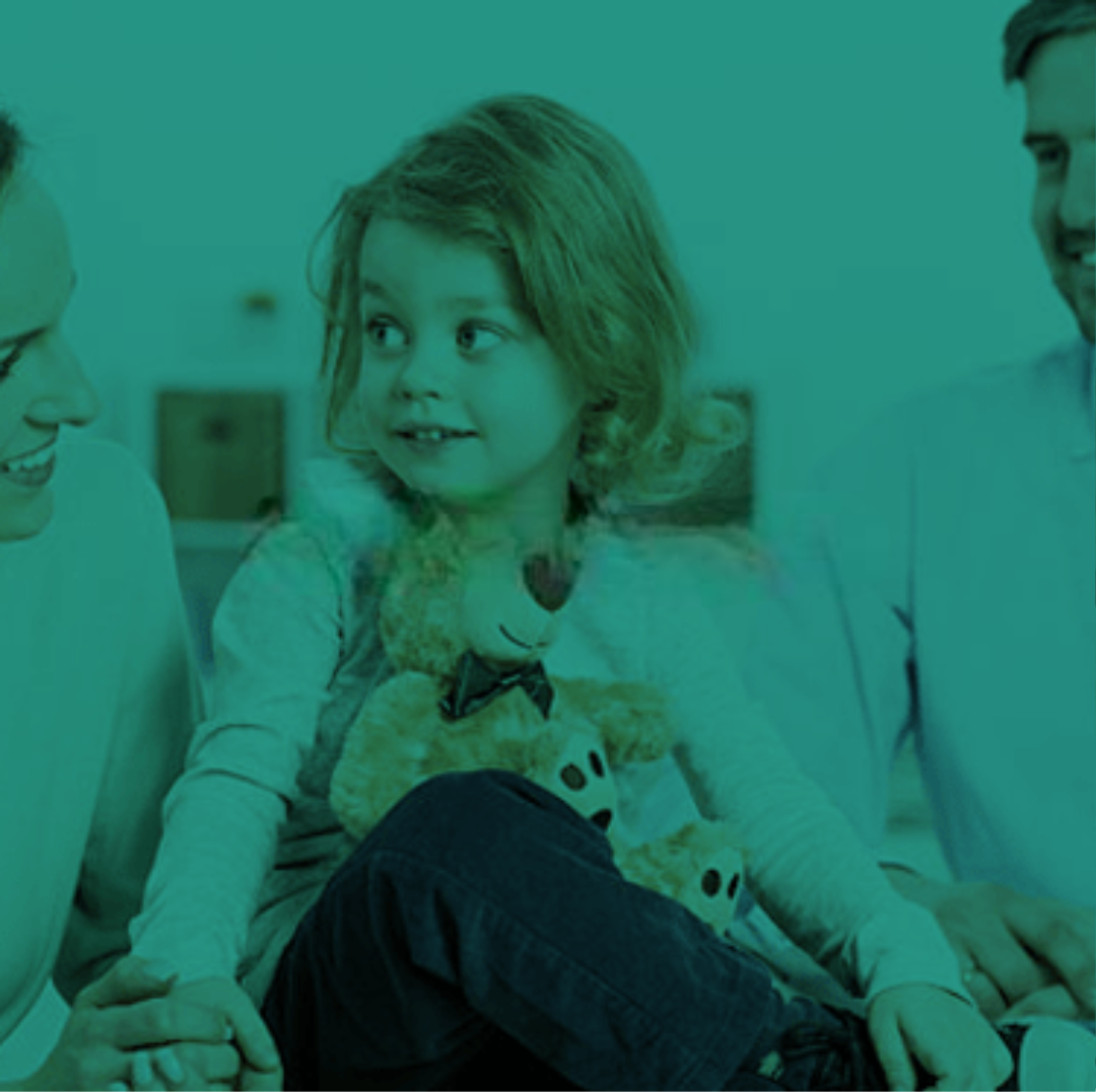 Family law in Perth: A child sits with parents, representing child support matters. Clairs Keeley Lawyers provide Family Law services.