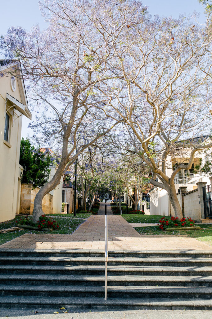 Mediation pathway in Perth, framed by residential buildings and trees. A serene setting for Family & Commercial Law, Estate Planning discussions.